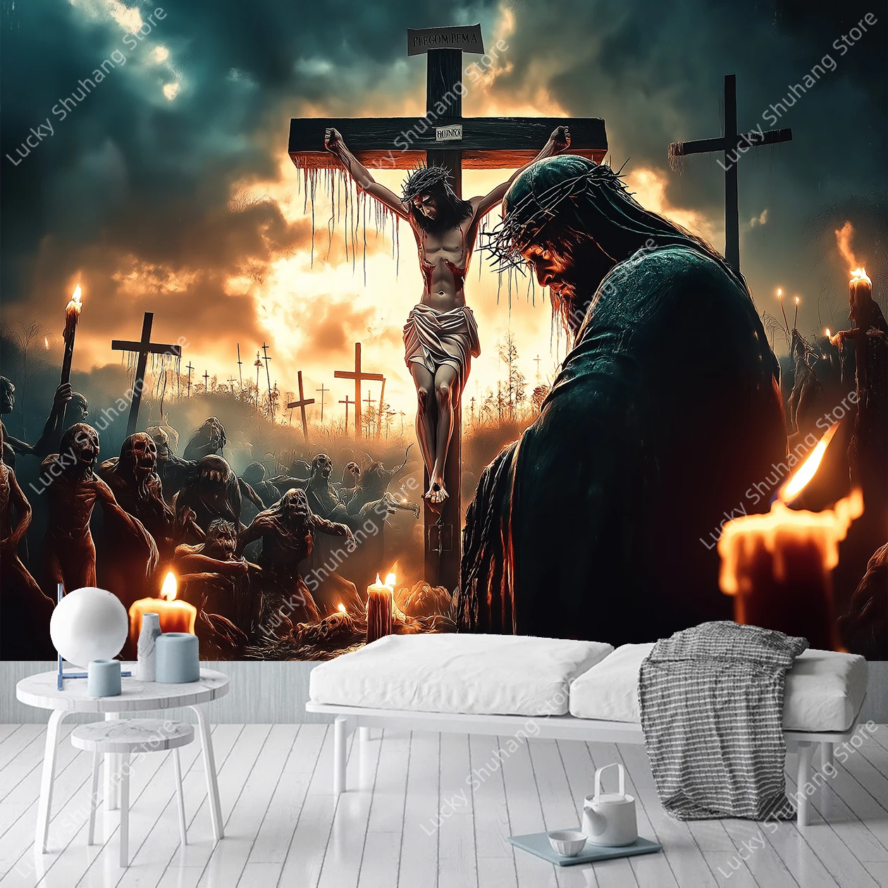 Dark Dramatic Calvary Crucifixion Jesus Christ Religious Tapestry Premium Biblical Wall Art Hanging​​ Bedroom Dormitory Decorate