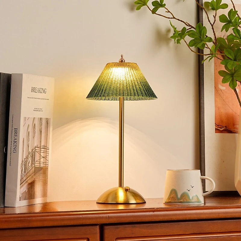 

Ретро-настольная лампа в форме веера, сине-зеленая, для спальни, прикроватная, ночник, атмосферная лампа, из кованого железа, перезаряжаемая, сенсорная, настольная лампа