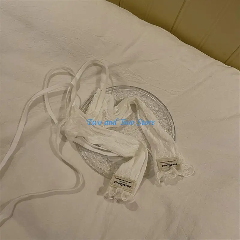 

HX6F Sweet Fingerless Gloves Short Sleeve Balletcore Arm Sleeves Laciness Subculture with Tie Elbow Length Gloves