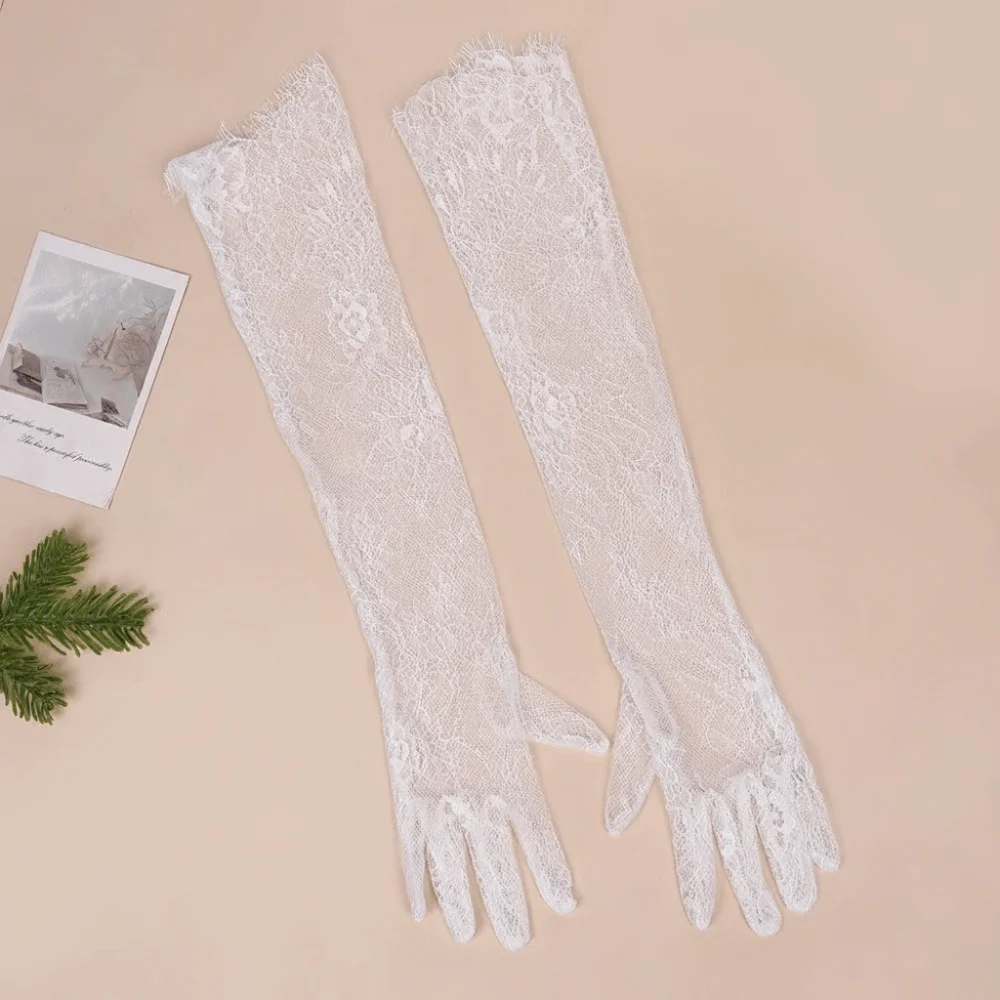 Romantic Solid Color Lace Gloves Transparent Thin Long Gloves Flower Long Bridal Gown Accessories Prom Dress