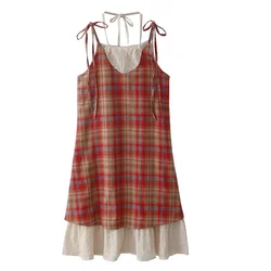 Sweet Girl Forest Style Retro ricamo pizzo impiombato falso due pezzi bretelle abiti da donna Backless Plaid vestito di media lunghezza