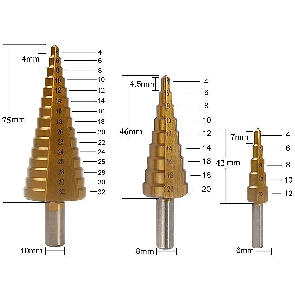 6pcs Step Drill Bit Sawtooth Drill Triangular Shank Titanium Plated Straight Slotted Pagoda Drill Set for Woodworking Metal Open