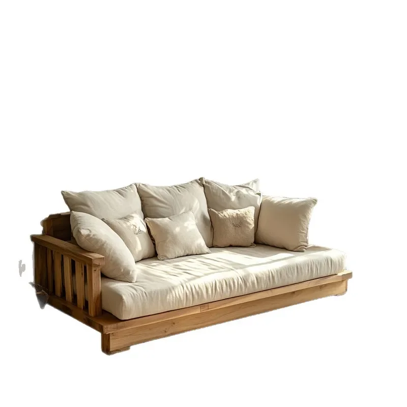 Wabi Style Solid Wood Straight Sofa for Small Living Room Chinese Medieval Floor Seating Large Board Furniture