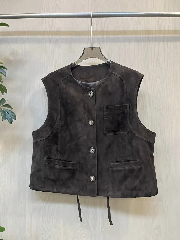 Ropa superior de cuero de ante para Mujer, Chaleco de cuero genuino, pantalón corto informal, estilo Retro británico, en capas, Chaleco para Mujer