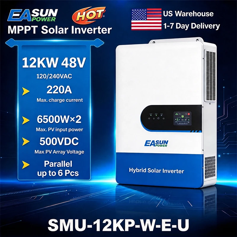 EASUN POWER 12KW 12000W Split Phase Solar Inverter Two MPPT Hybrid Solar Inverter 160A 500VDC PV Input 110VAC 48VDC Pure Sine Wave Hybrid Dual Output 120V/220V Parallel Solar Charging Control Paralleled for US No Duty