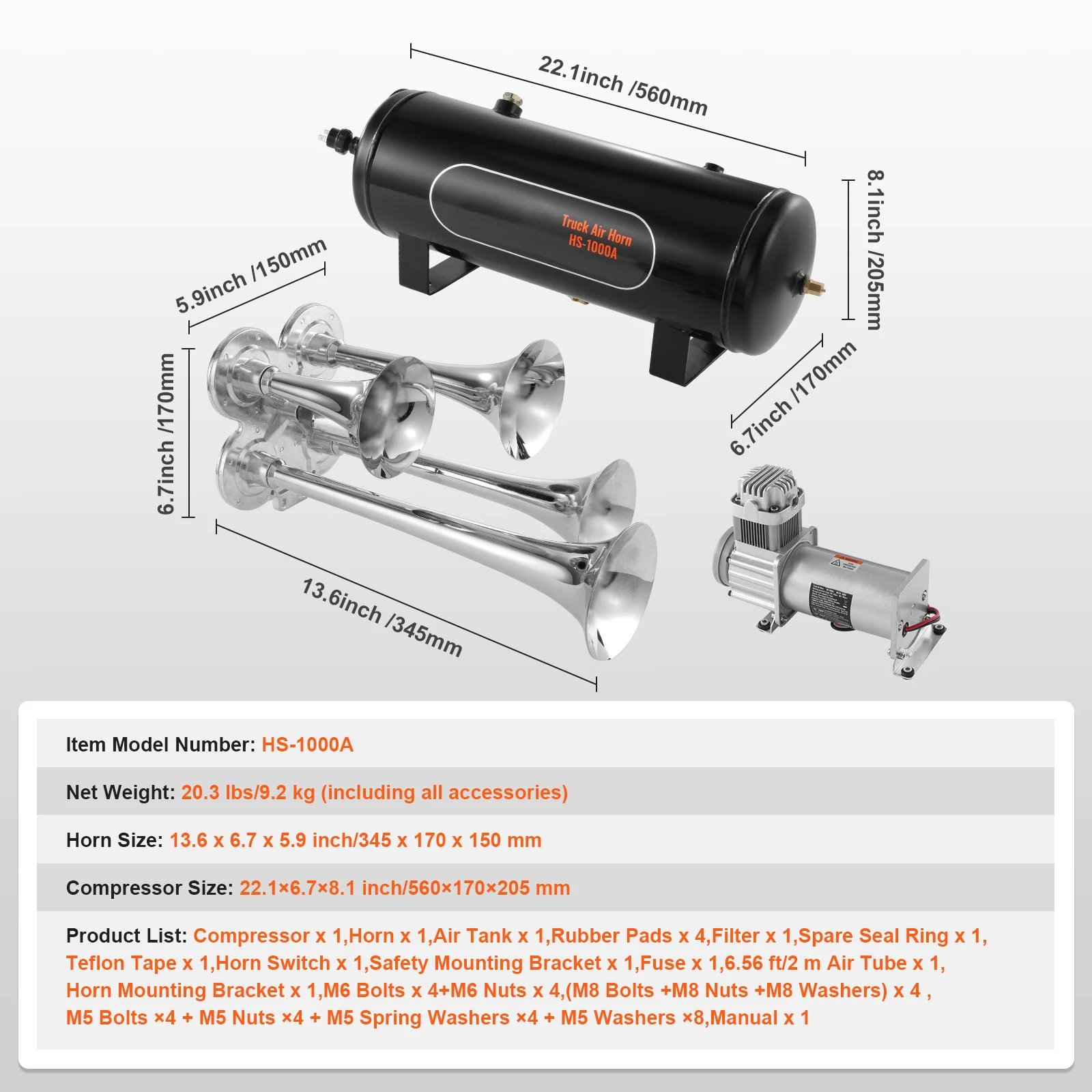 SucceBuy Treinhoorns Kit 4 trompetluchthoornkit 150dB treinhoorns 12V luchtcompressor met 3/6/10L tank, voor pick-ups trein