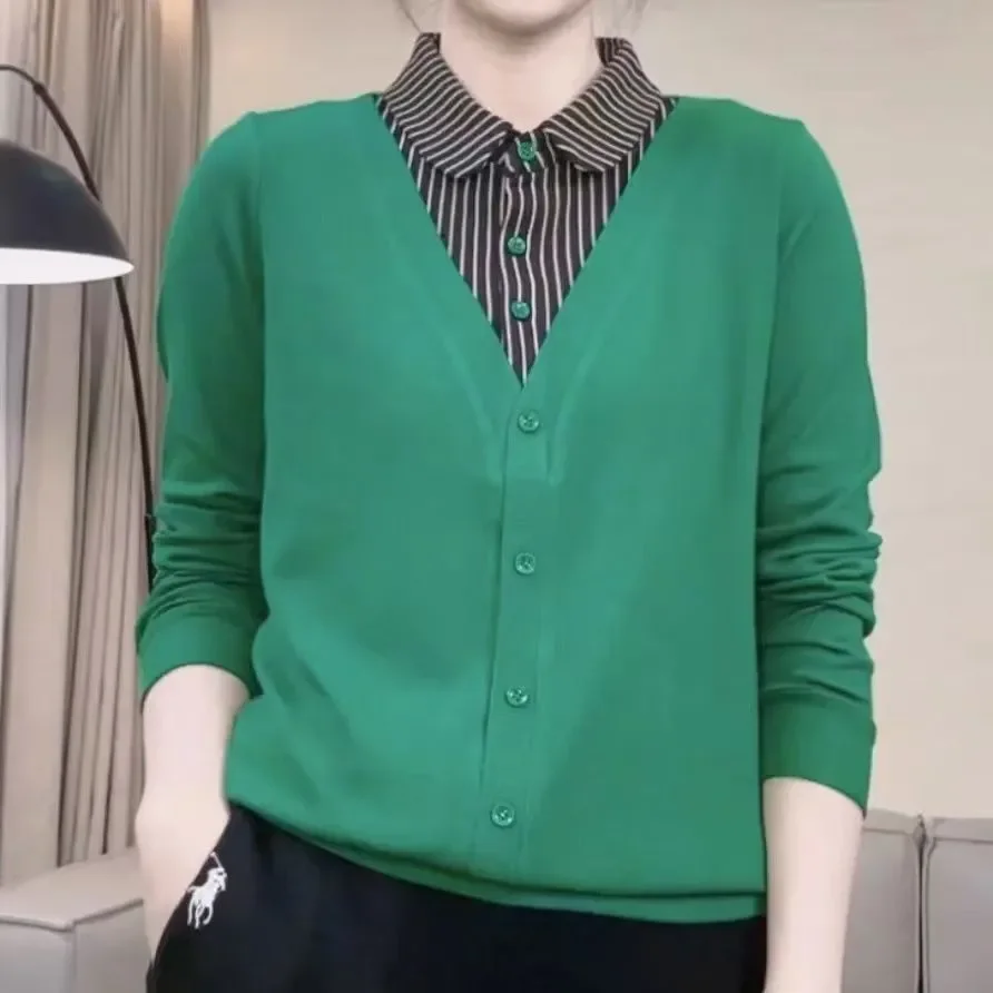 Women's Fashion Lapel Patchwork Fake Two Piece Stripe Blouse 2026 Spring Autumn New Versatile Base Layer Office Top