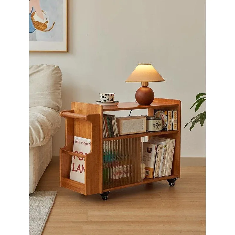 Solid wood edge table Movable coffee table Nordic sofa side cabinet Household side cabinet Snack storage trolley rack