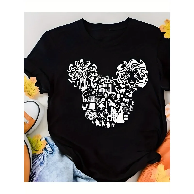 

Disney Haunted Mansion Mickey Mouse Pattern T-shirt Women's Black Short Sleeved T-shirt Casual Fashion Women's Cotton T-shirt