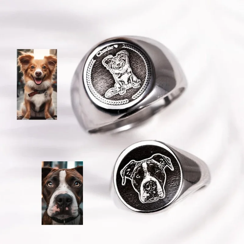 Anillo de sello con foto grabada personalizada para hombre, anillos de boda de acero inoxidable personalizados, joyería masculina, accesorio de regalo para fiesta, venta al por mayor