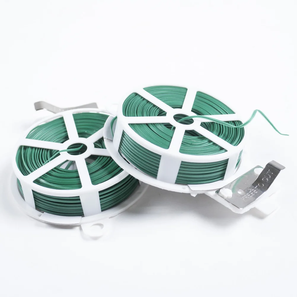 2PCS Plastic Coated Iron Wire Ties Gardening Fixed Strap Tying Rope with Wire Metal Wire Cable Core Tie 50M (Green)