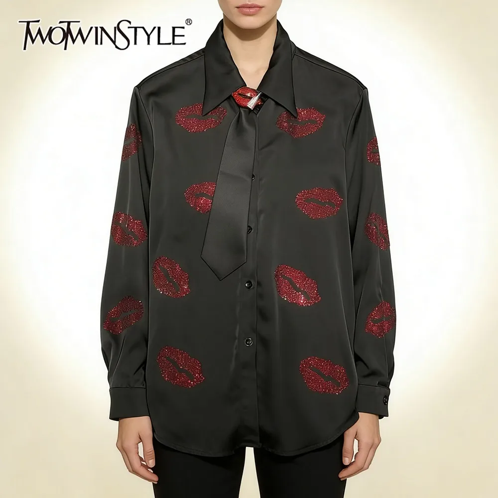 

TWOTWINSTYLE Black Spliced Diamonds Shirt Female Lapel Long Sleeve Loose Luxury Temperament Women's Shirts Autumn Fashion New