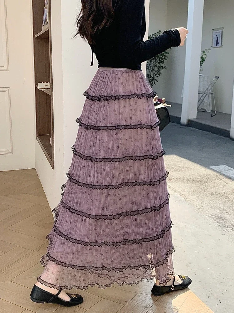 French Vacation‑Style High Waist Multi‑Layer Tulle Cake Women Skirts Autumn New Slim‑Flattering Purple A‑Line Casual Half Skirt