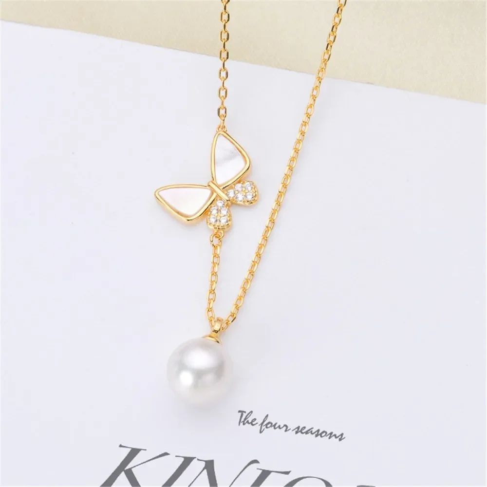 

DIY Pearl Accessories S925 Pure Silver Set Chain Empty Butterfly Pendant with Silver Chain Women's Fit 7-9mm Round Beads L123