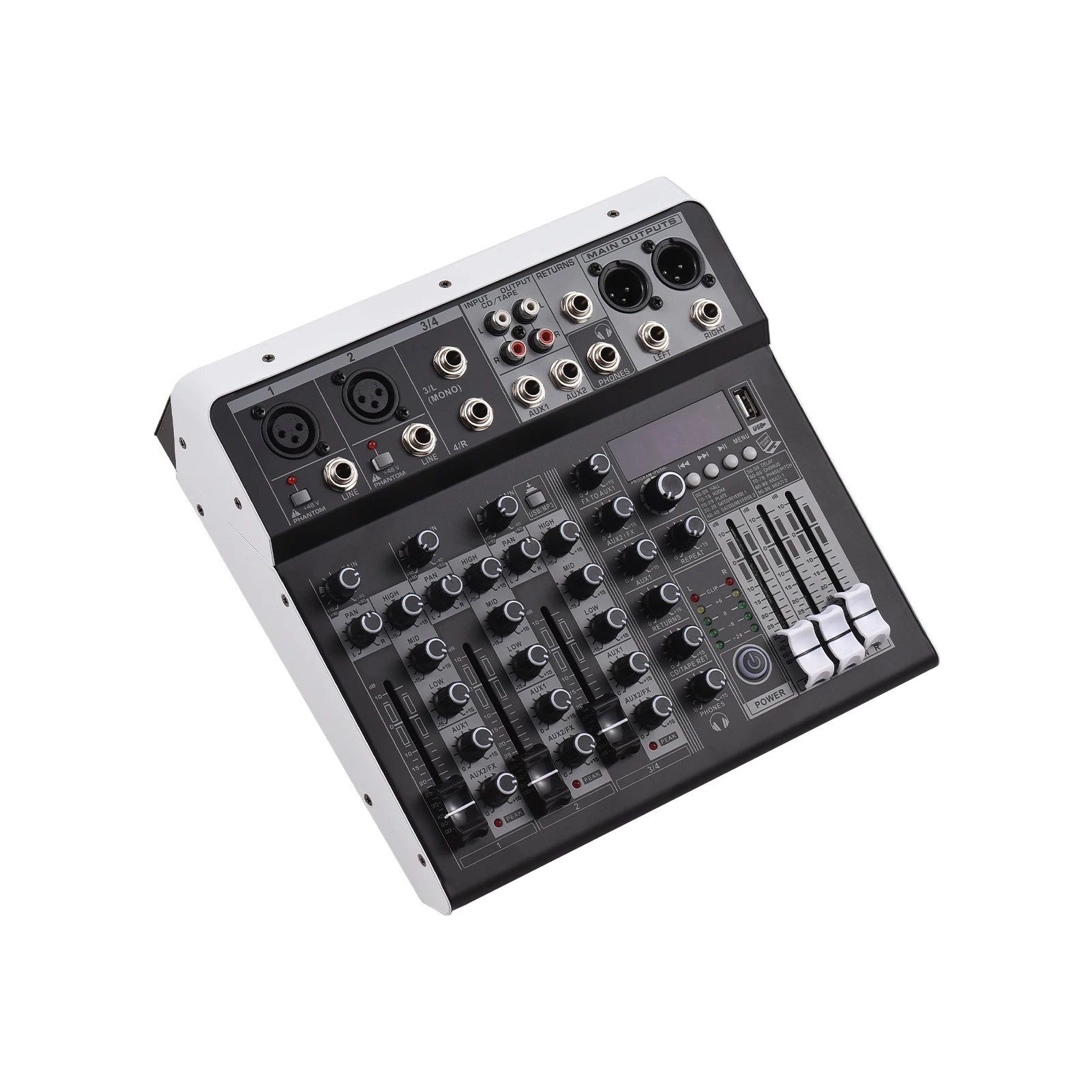 Audiomixer 4-kanaals mengpaneel 48V fantoomvoeding multifunctioneel professioneel mengpaneel met 16 reverb-effecten