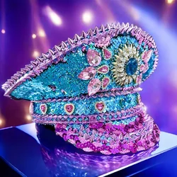 Luxury Festival Rhinestone Captain Hat Military Cap Sergeant Hat Hen Do Hat Mucis Festival Steampunk Caps Fashion Masquerade