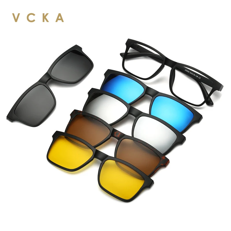 VCKA 6 In 1 Lens Magnet Sunglasses Small Glasses Men Women Polarized Custom Myopia Hyperopia Prescription Square Drive Eyewear