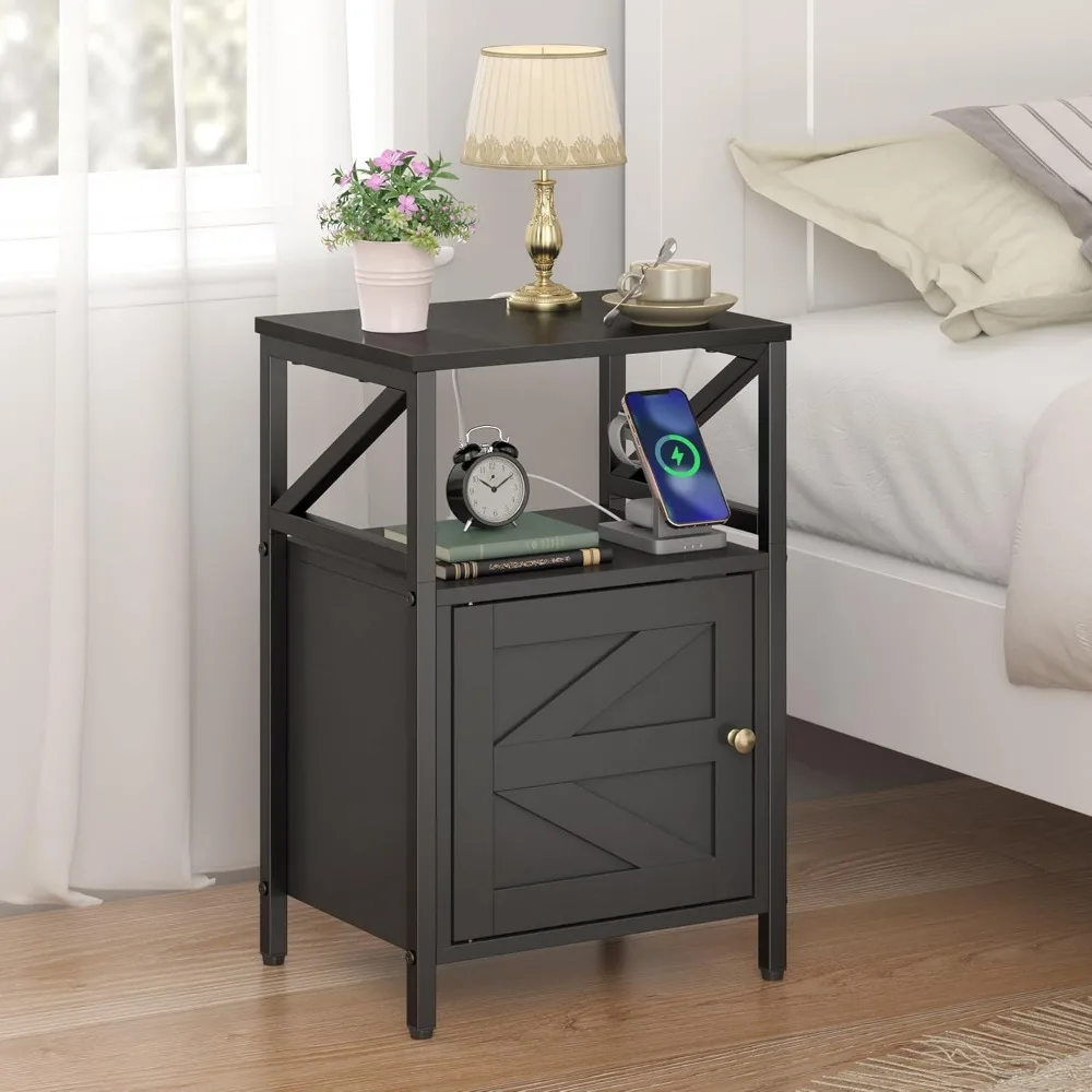 

Farmhouse Side Table with Charging Station -3-Tier USB Ports & Outlets End Table, Compact Bedside Storage Table for Small Spaces