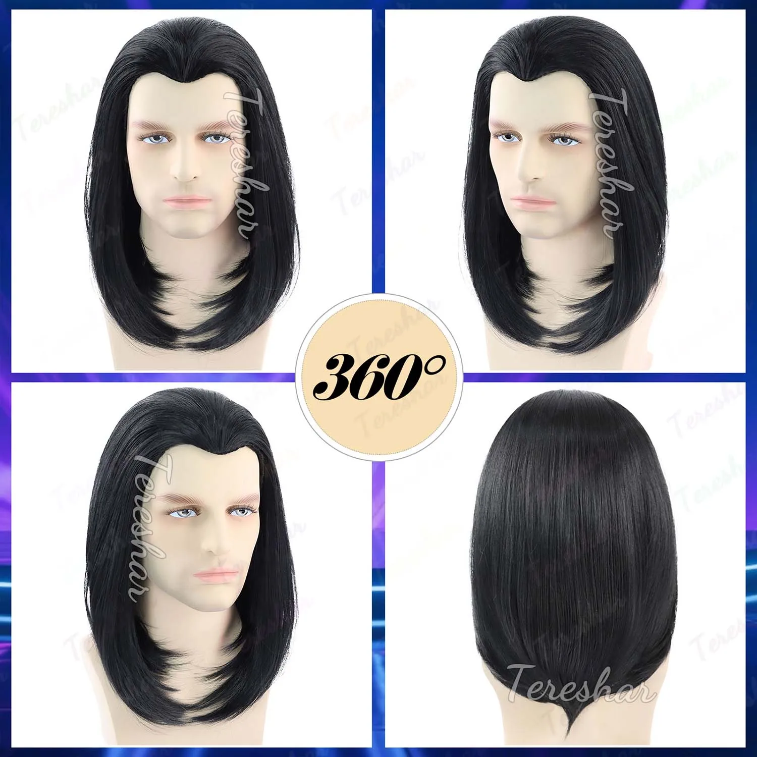 الاصطناعية رجل شعر مستعار قصير مستقيم شعر مستعار أسود 70s خمر فنسنت فيغا شعر مستعار تأثيري 80s هالوين زي تأثيري شعر مستعار متعة للحفلات