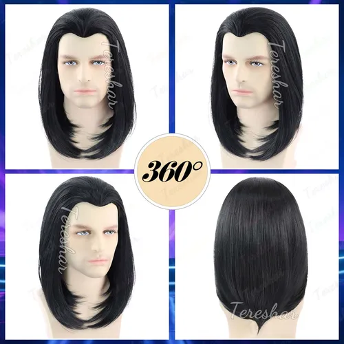 Imagen 2 del producto Peluca sintética para hombre, peluca negra recta corta, peluca de Cosplay Vintage de Vincent Vega de los años 70, disfraz de Halloween de los años 80, peluca divertida para fiesta de Cosplay