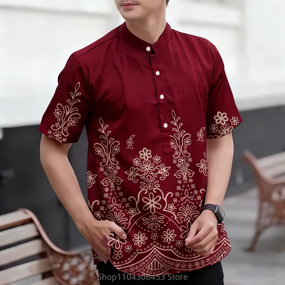 2025 New Men's Ethnic Style Simple Retro Short-sleeved Shirt Plant 3D Printing Business Casual Fashion T-shirt Vacation Outdoor