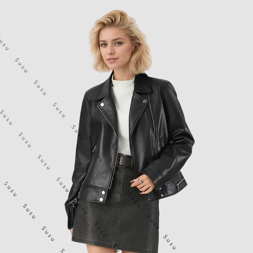 

2025 new custom autumn women's leather jacket short lapel leather jacket locomotive clothing leather jacket