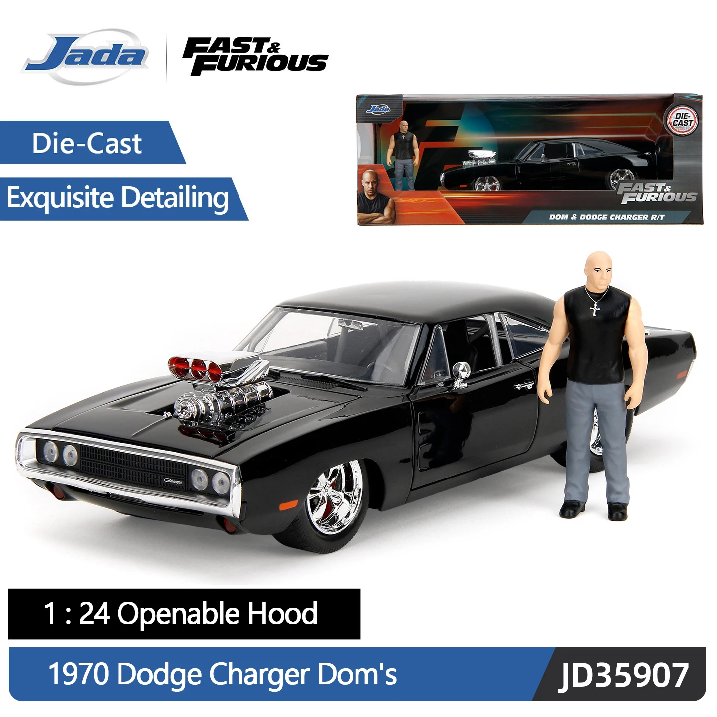 JADA 1:24 Fast & Furious 1970 Dodge Charger Dom's Die-Cast Model - Iconic Black Charger with Collectible Dom Figure JD35907 view 2