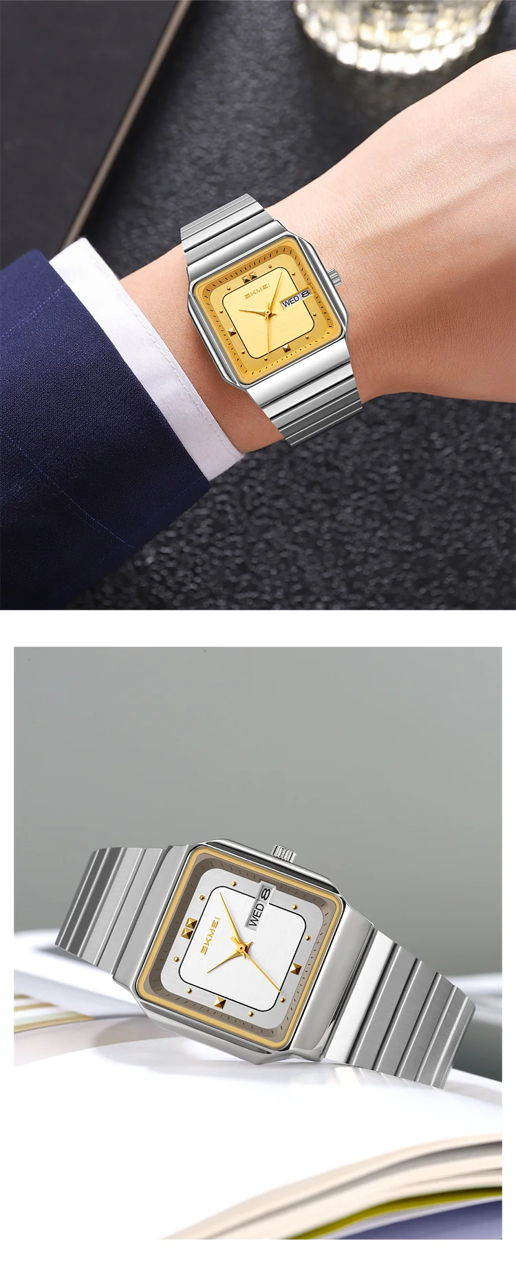SKMEI 9414 Simple Square Dial Calendar Week Stainless Steel Strap Quartz Watch Men's Waterproof Business Mens Watch Reloj Hombre