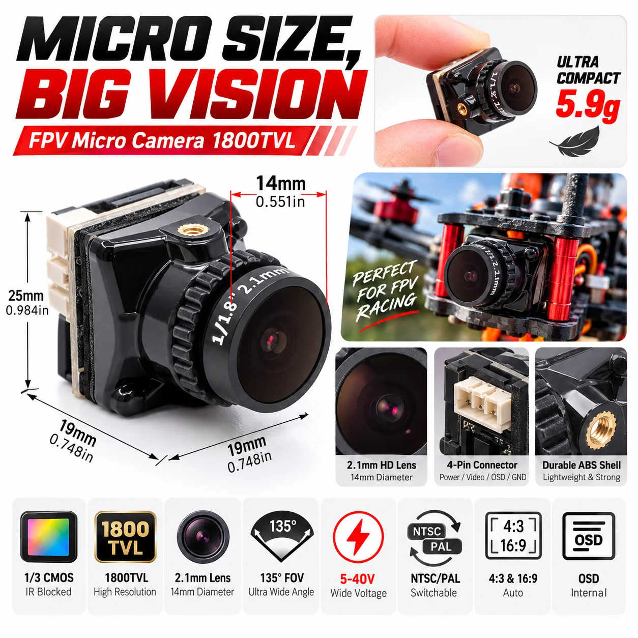 FPV Micro Camera 1800TVL 2.1mm 1/3 Coms IR Blocked​ Sensor Wide Dynamic Range 5V-40V with OSD Internal for RC FPV Racing Drone