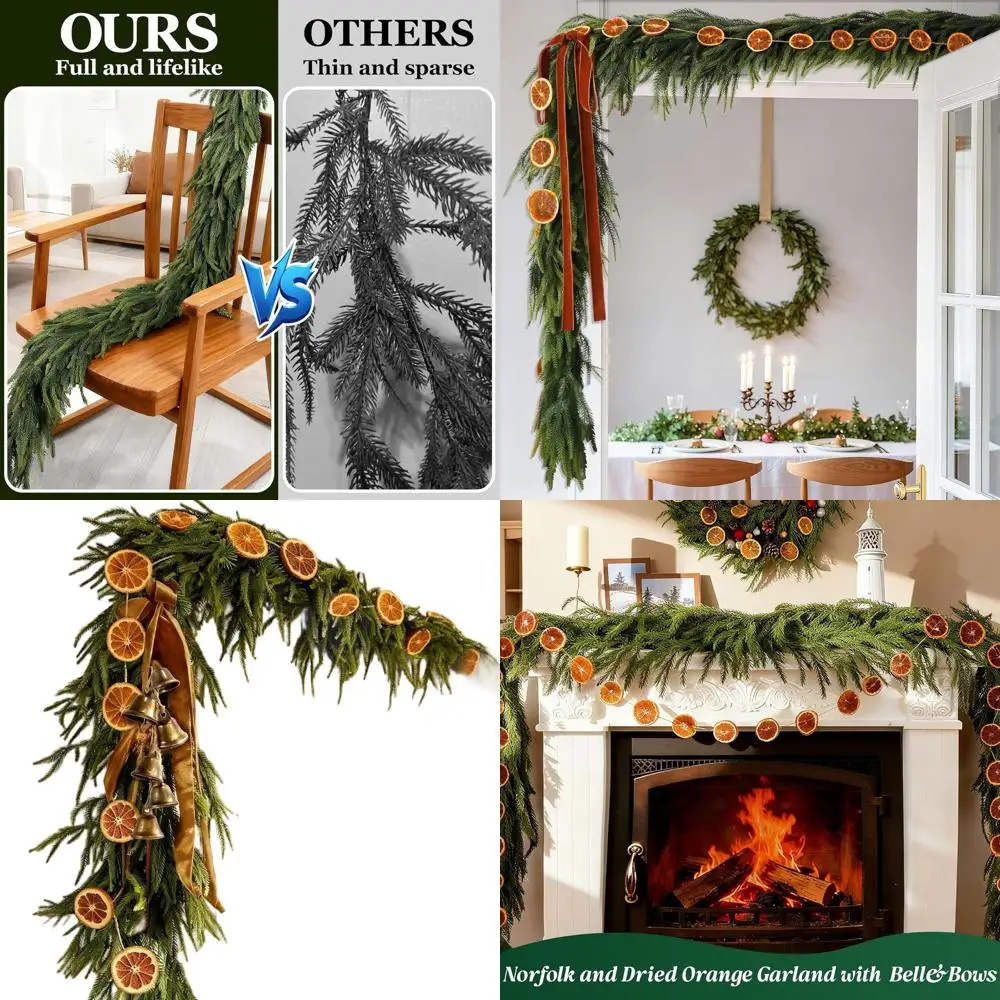 

Real Touch 12FT Christmas Pine Garland with Bells & Bows, 13FT Dried Orange Cedar Combo for Holiday Decor