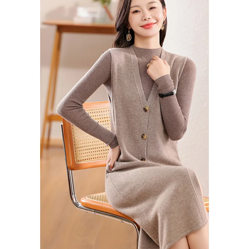 Women\'s long vest autumn/winter 100% wool sweater casual knitted cardigan V-neck loose all-match long single-breasted Blouse