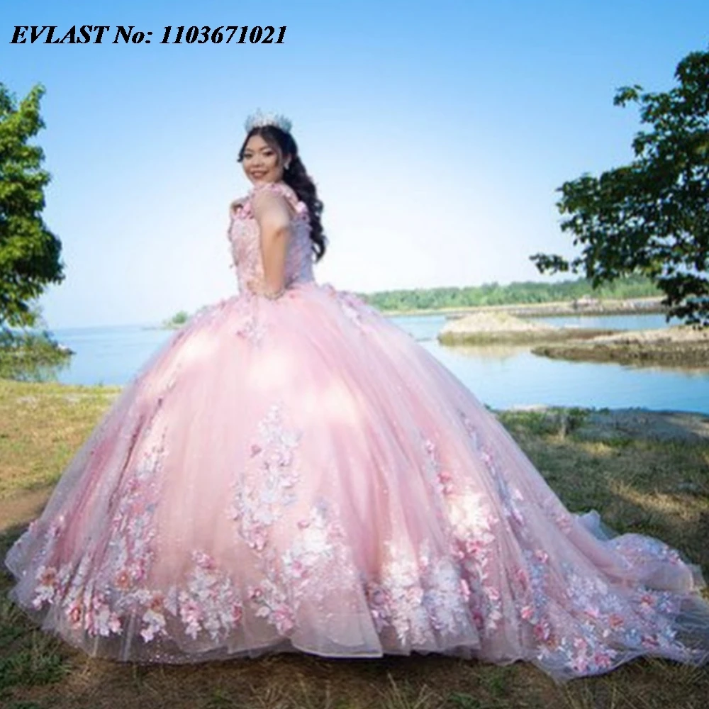 Блестящее розовое платье EVLAST Quinnceanera, бальное платье, 3D Цветочная аппликация, бисером, Мексиканский корсет, милые платья 16, 15 лет SQ498