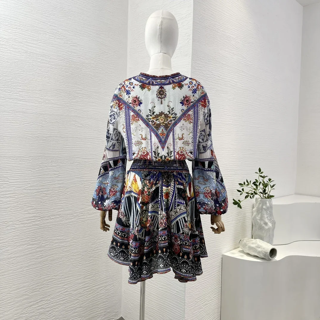 2024 New Violet Purple White Floral Print Long Sleeve Diamonds Mini Dress Folk Style