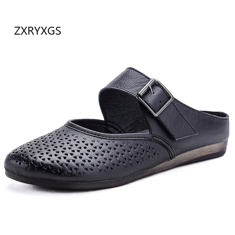 

ZXRYXGS 2025 New Round Toe Hollow Breathable Real Leather Slipper Women Sandals Outerwear Soft Soled Retro Cool Slippers Flats