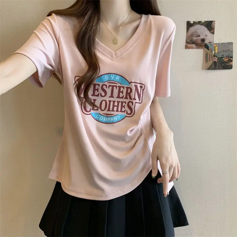 Women Summer Vintage Loose Large Size Appear Thin Letter V-neck Short Sleeve T-Shirt Women Clothes Casual All-match Trend Tops