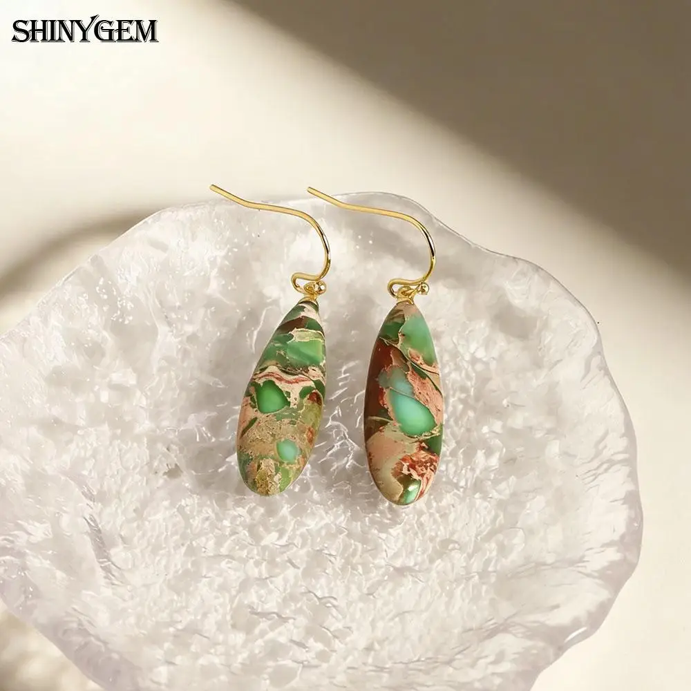 SHINYGEM Imperial Jasper Dangle Earrings Natural Red Green Ocean Sediment Gemstone Diverse Colors Women Hook Water-Drop Earrings
