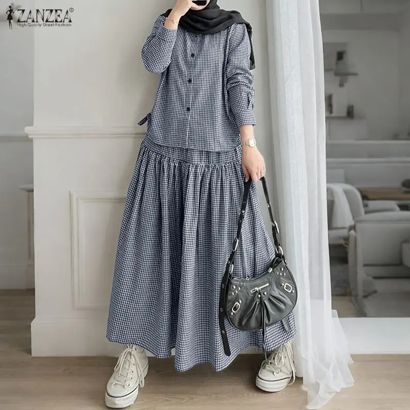 

2026 ZANZEA Summer Women Long Sleeve Shirt Dress Sets Muslim 2 Piece Sets Hijab Outfits Casual Striped Work Skirt Suit Ramadan