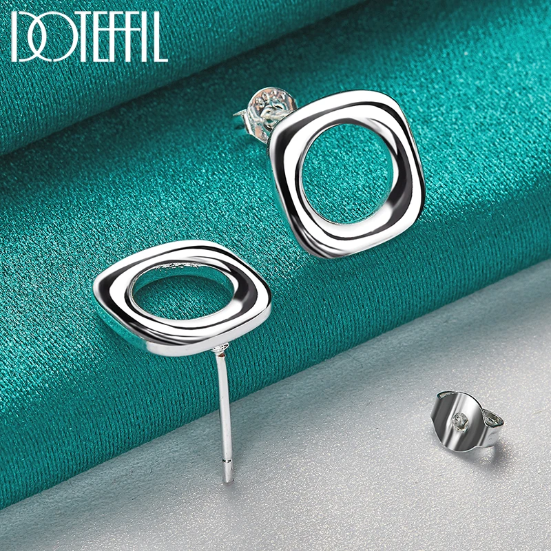 DOTEFFIL 925 Sterling Silver Square Round Stud Earrings For Woman Wedding Engagement Fashion Party Charm Jewelry