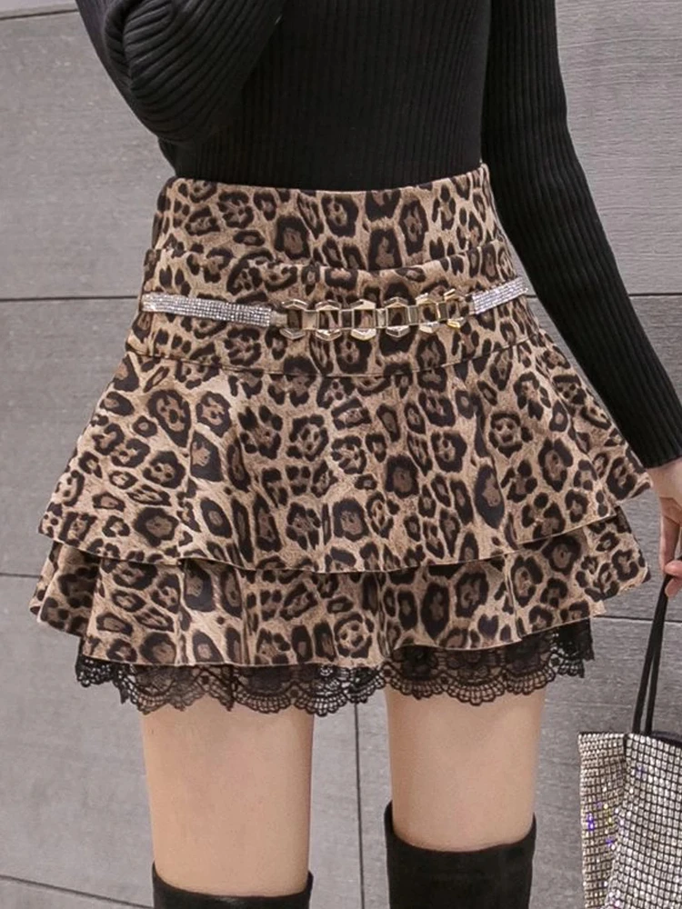 

Skirt Leopard Designer Lace Patchwork Women Summer New Retro Chic Fashion Sexy Slimming High Waist A Line Cake Short Skirts