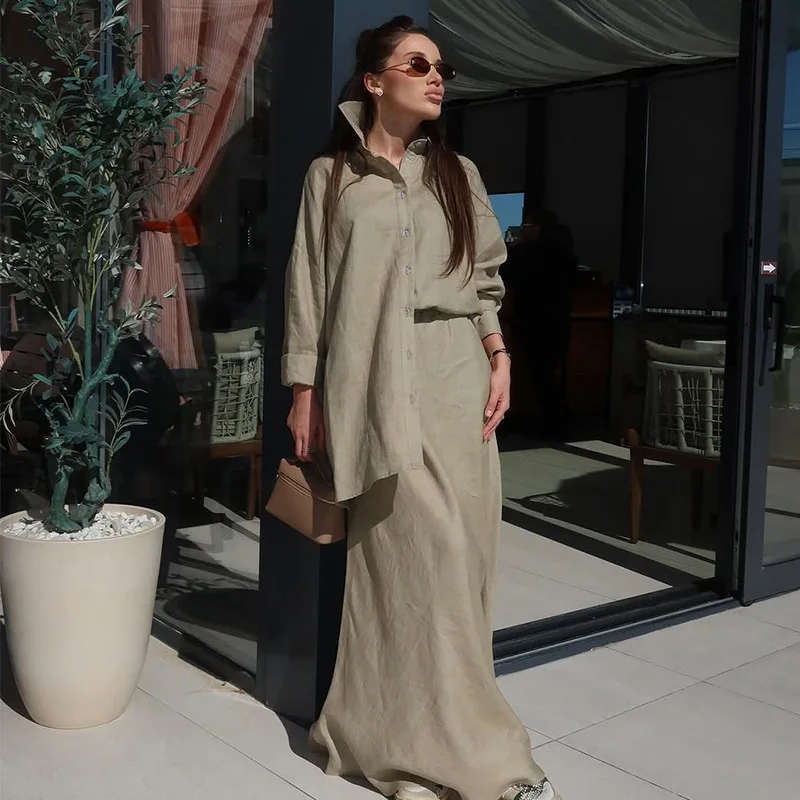 

Рубашки с отложным воротником и длинными рукавами, юбки с высокой талией, женские летние 2023, новые модные женские свободные повседневные модные комплекты из 2 предметов