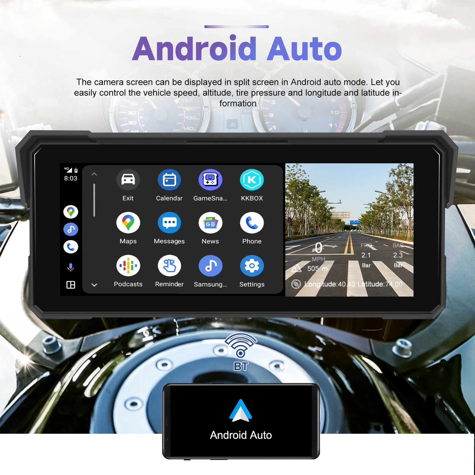 Podofo 8.1 Inch Motorcycle DVR Portable Wireless Carplay Android Auto Rear + Front Camera Pressure Detection Autoradio Car Radio