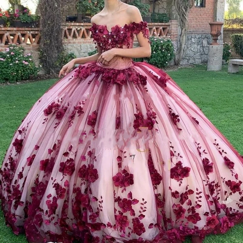 customized Wine Red Quinceanera Dresses Luxury Party Prom Floweral Dress Elegant Lace Pearls Off The Shoulder Ball Gown Vestidos