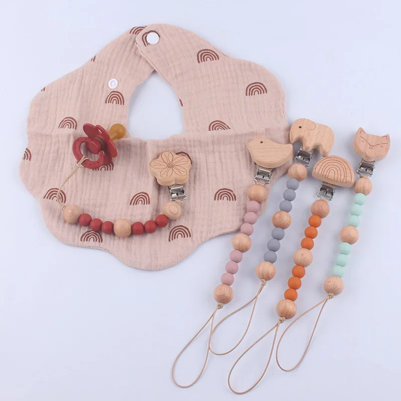 New Baby Products Cartoon Animal Beech Wood Clip To Soothe Baby's Silicone Bead Bite Grinding Pacifier Chain bebe accessories