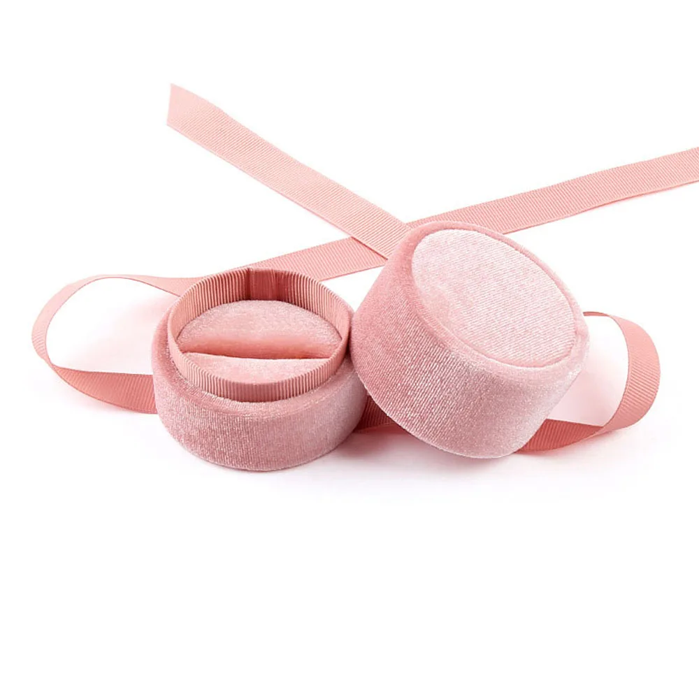 Pink Ribbon Bow Velvet Jewelry Box Round Wedding Ring Box Necklace Pendant Storage Box Jewelry Packaging Display Gift Box