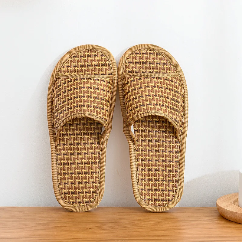 Fashion Bamboo Woven Rattan Home Linen Slippers Summer Cooling Floor Indoor Slides Unisex Bedroom Shoes Mujer Zapatilla