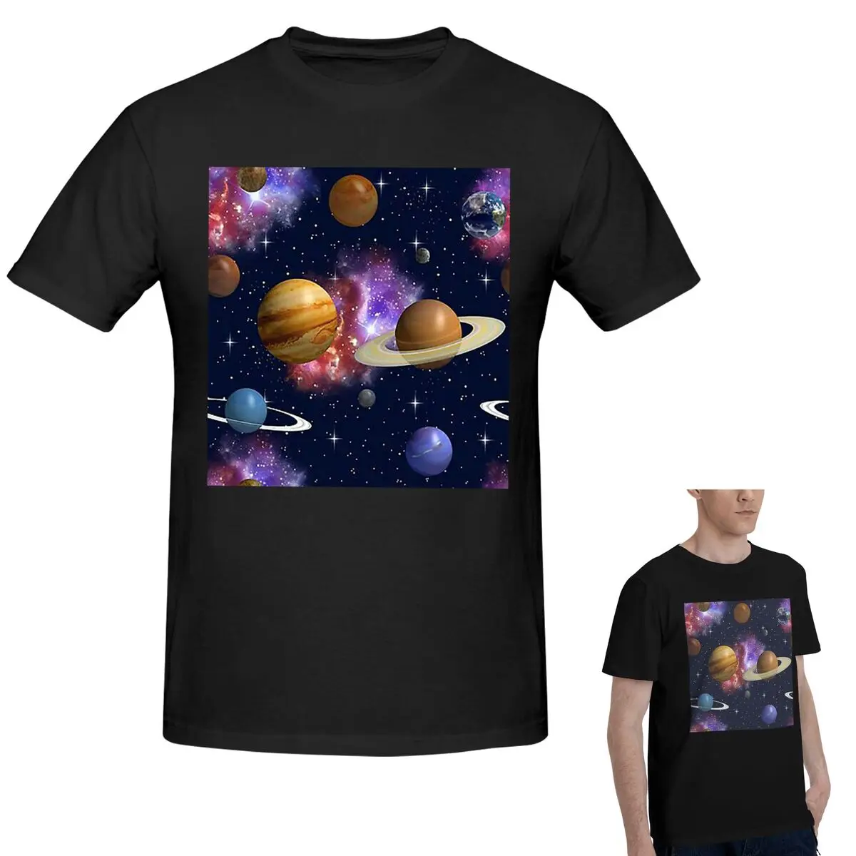 

100% Cotton Solar System Space Planets Universe T-Shirt Men's Funny Oversized T Shirt Men Round Neck Summer Shirts Tops S-6XL