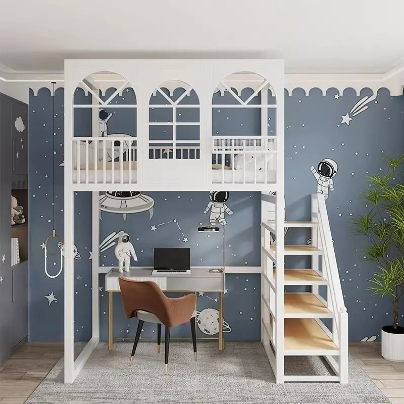 Simple and space-saving wrought iron bed, two floors of elevated double bunk up and down a ladder 3