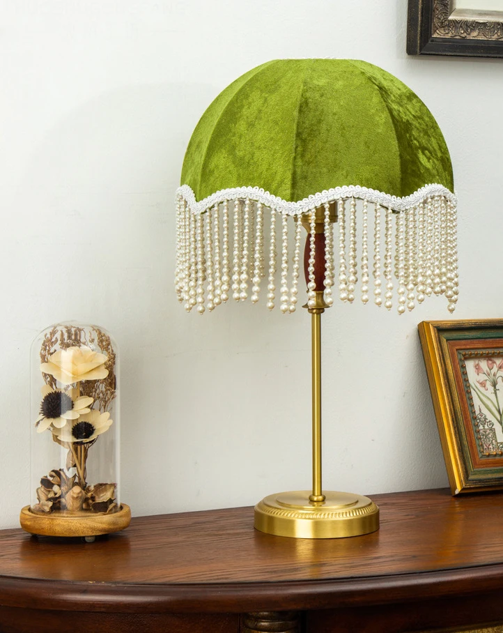 Vintage Copper Base and Fringed Shade Velvet Lampshade for Table