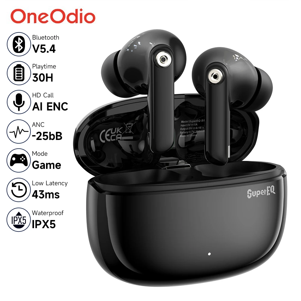 Oneodio ANC fone de ouvido sem fio bluetooth 5.4-SuperEQ S10,  cancelamento activo de ruído fones de ouvido TWS com 4 ENC AI microfone, modo de