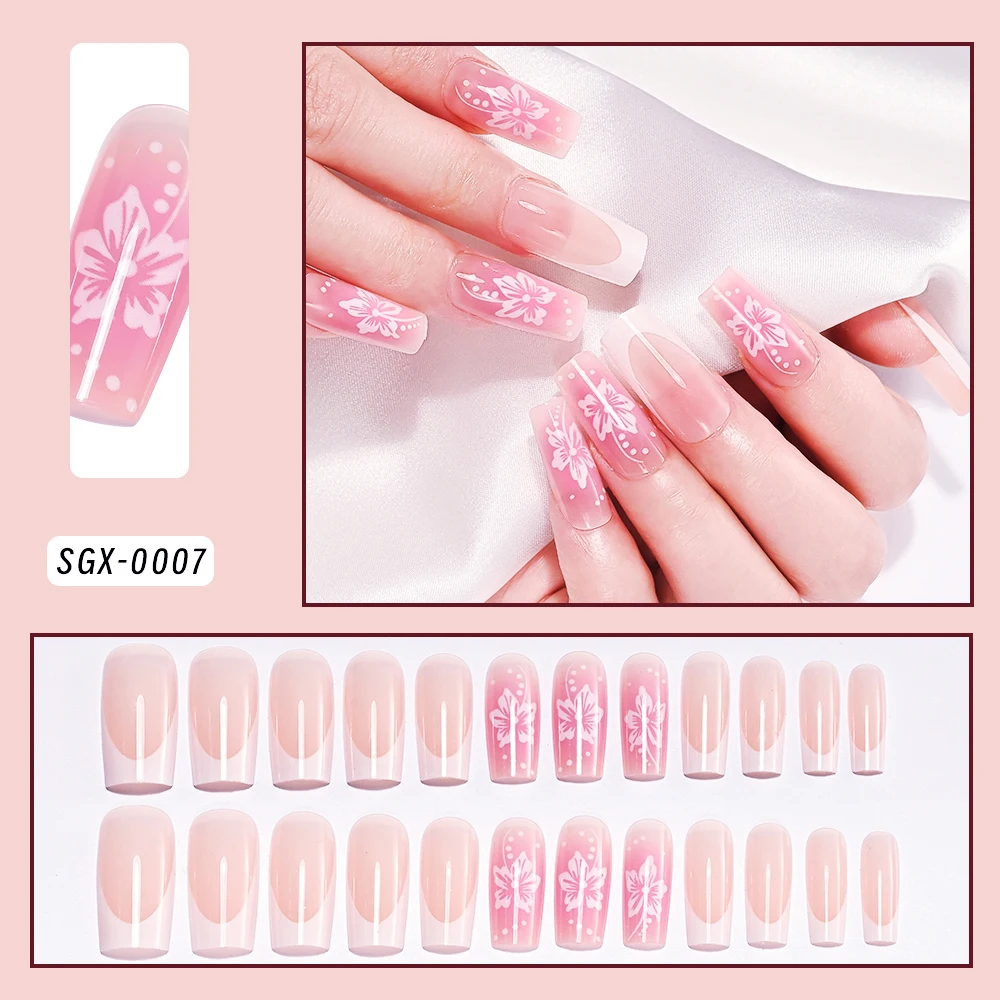 

24pcs Medium Flower Print French Fake Nail Girl Blush Pink Ballet False Nail Tip DIY Nail Extension Acrylic Press on Nails Tip##